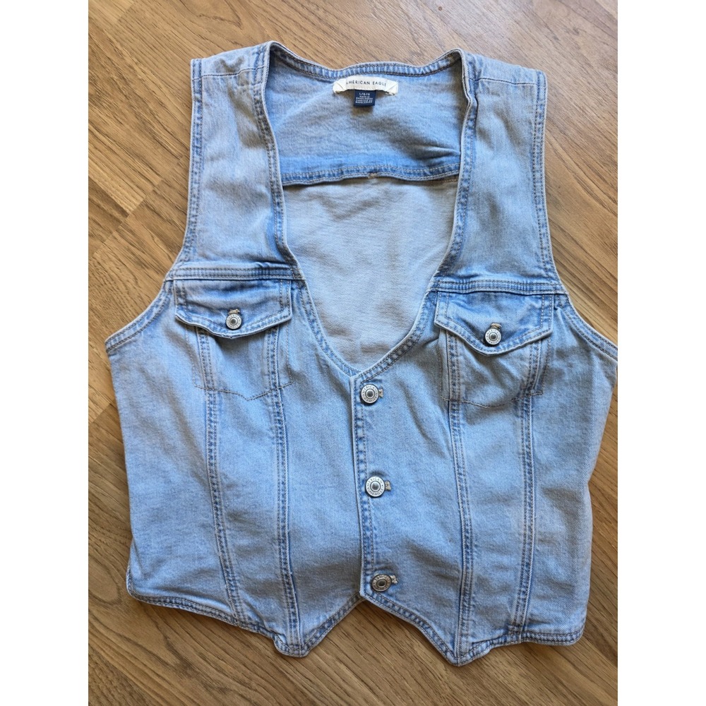 American Eagle Denim Vest Womens Size Large V Neck Button Up Cinch Back